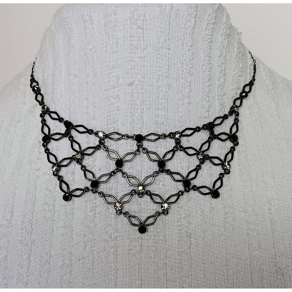 1928 Black & Silver Rhinestone Collar / Bib Necklace 16-19 in NWT - Picture 3 of 9